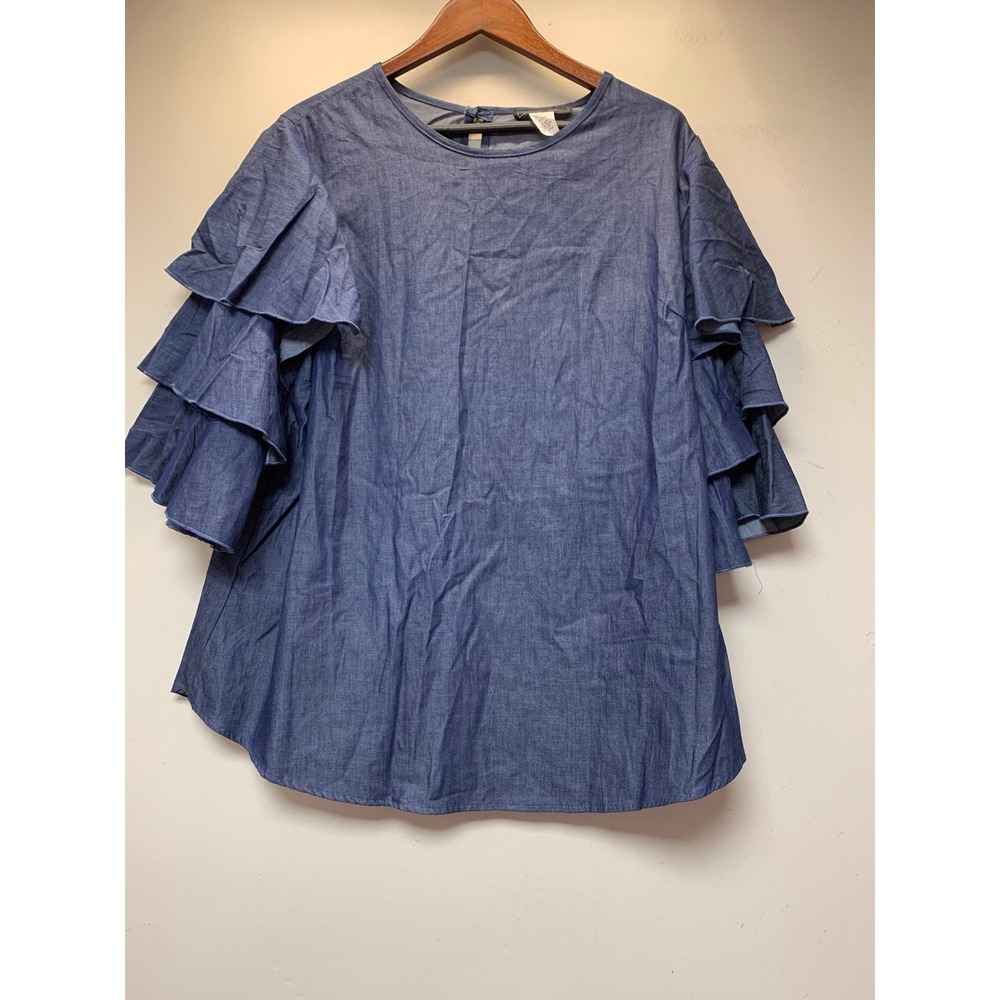 Touch Me Ruffle Sleeve Blouse Women 1X Blue Excellent Tiered Chambray Top